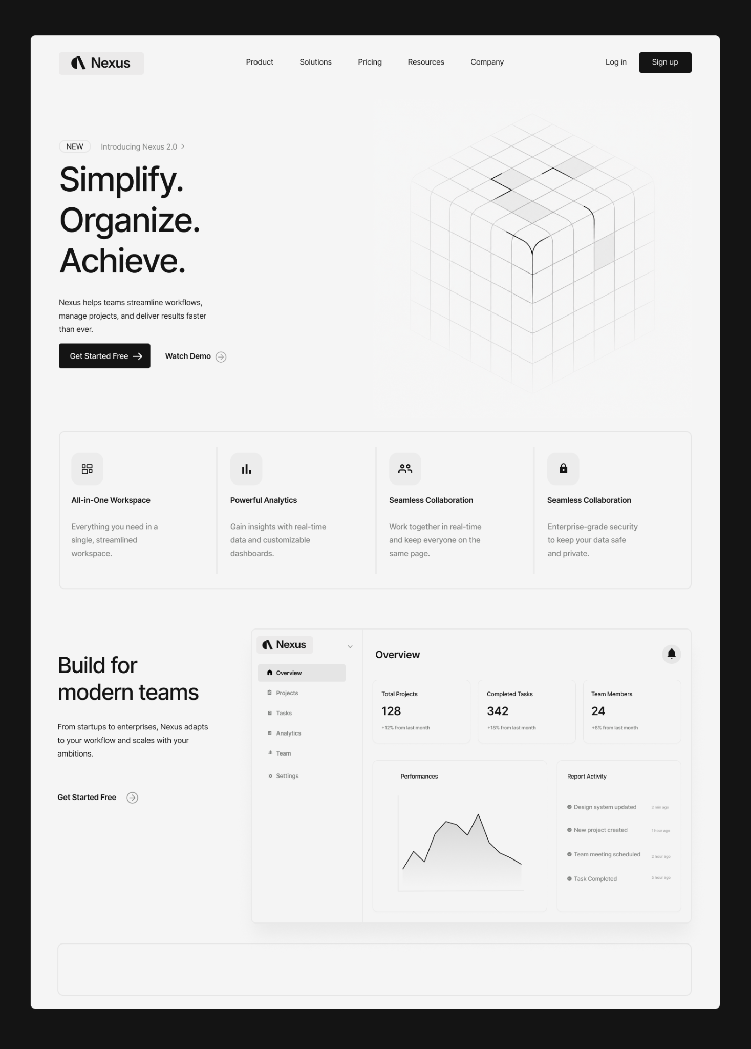 Nexus product landing page and analytics dashboard